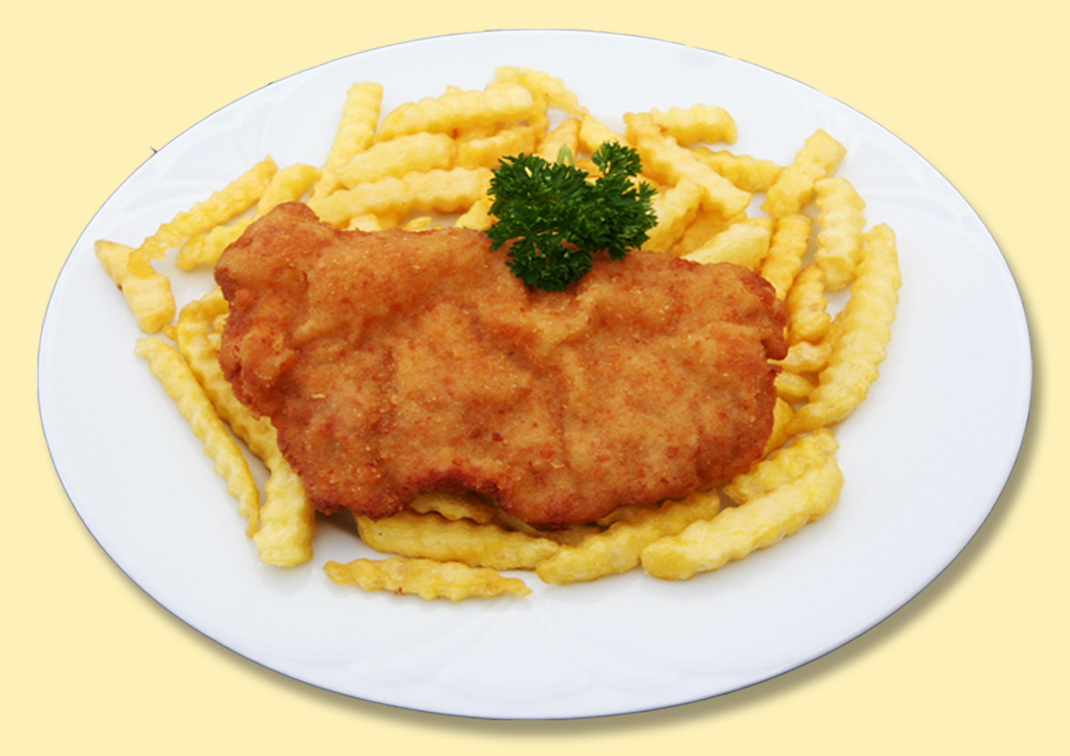 Rántott hús hasábburgonyával Sertés (A,C,G) - Schnitzel mit pommes Schwein - Breaded meat with French fries Pork